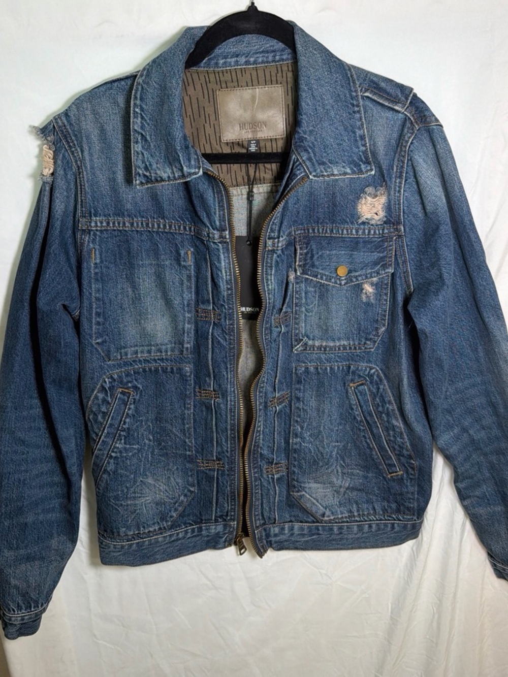Hudson Jeans Blue Distressed Denim Zip Jacket